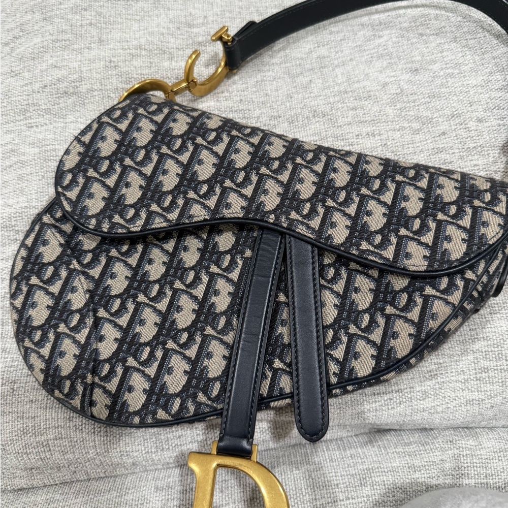 Dior Oblique Navy Shoulder Bag with Gold Accent